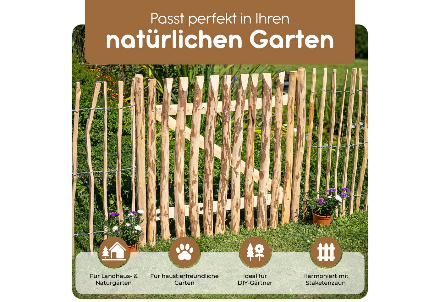 BooGardi Gartentor Holztor für Staketenzaun 100cm breit imprägniert, (50 cm hoch x 100 cm breit · 3-5 cm Lattenabstand in 14 Größen), Gartentür für Holzzaun · Bauerntor · Garten · Zaun · Haselnuss · Holz