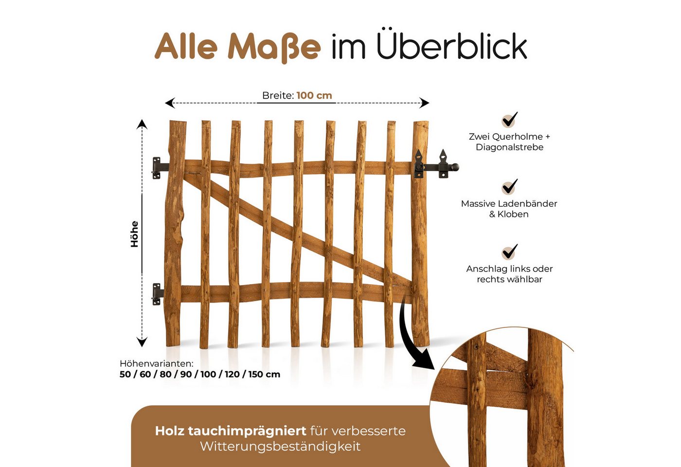 BooGardi Gartentor Holztor für Staketenzaun 100cm breit imprägniert, (50 cm hoch x 100 cm breit · 3-5 cm Lattenabstand in 14 Größen), Gartentür für Holzzaun · Bauerntor · Garten · Zaun · Haselnuss · Holz Bild 3