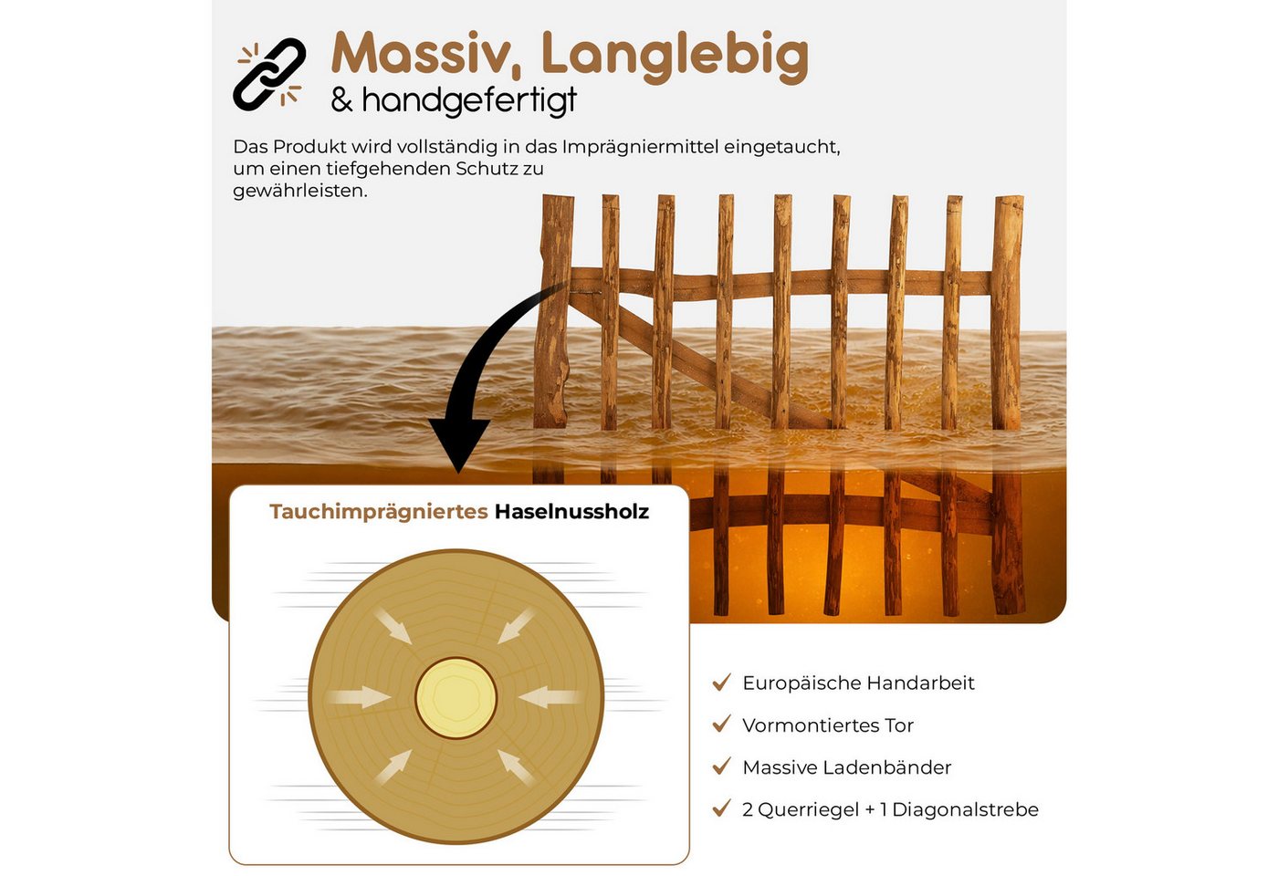 BooGardi Gartentor Holztor für Staketenzaun 100cm breit imprägniert, (50 cm hoch x 100 cm breit · 3-5 cm Lattenabstand in 14 Größen), Gartentür für Holzzaun · Bauerntor · Garten · Zaun · Haselnuss · Holz Bild 4
