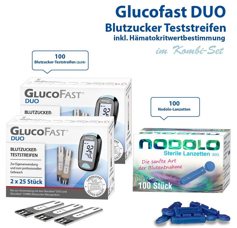 GLUCOFAST Blutzucker-Teststreifen DUO, 100 Diabetes Teststreifen und 100 Nodolo Lanzetten, 1-tlg., Für das Glucofast DUO