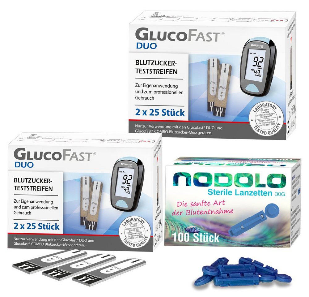 GLUCOFAST Blutzucker-Teststreifen DUO, 100 Diabetes Teststreifen und 100 Nodolo Lanzetten, 1-tlg., Für das Glucofast DUO Bild 2