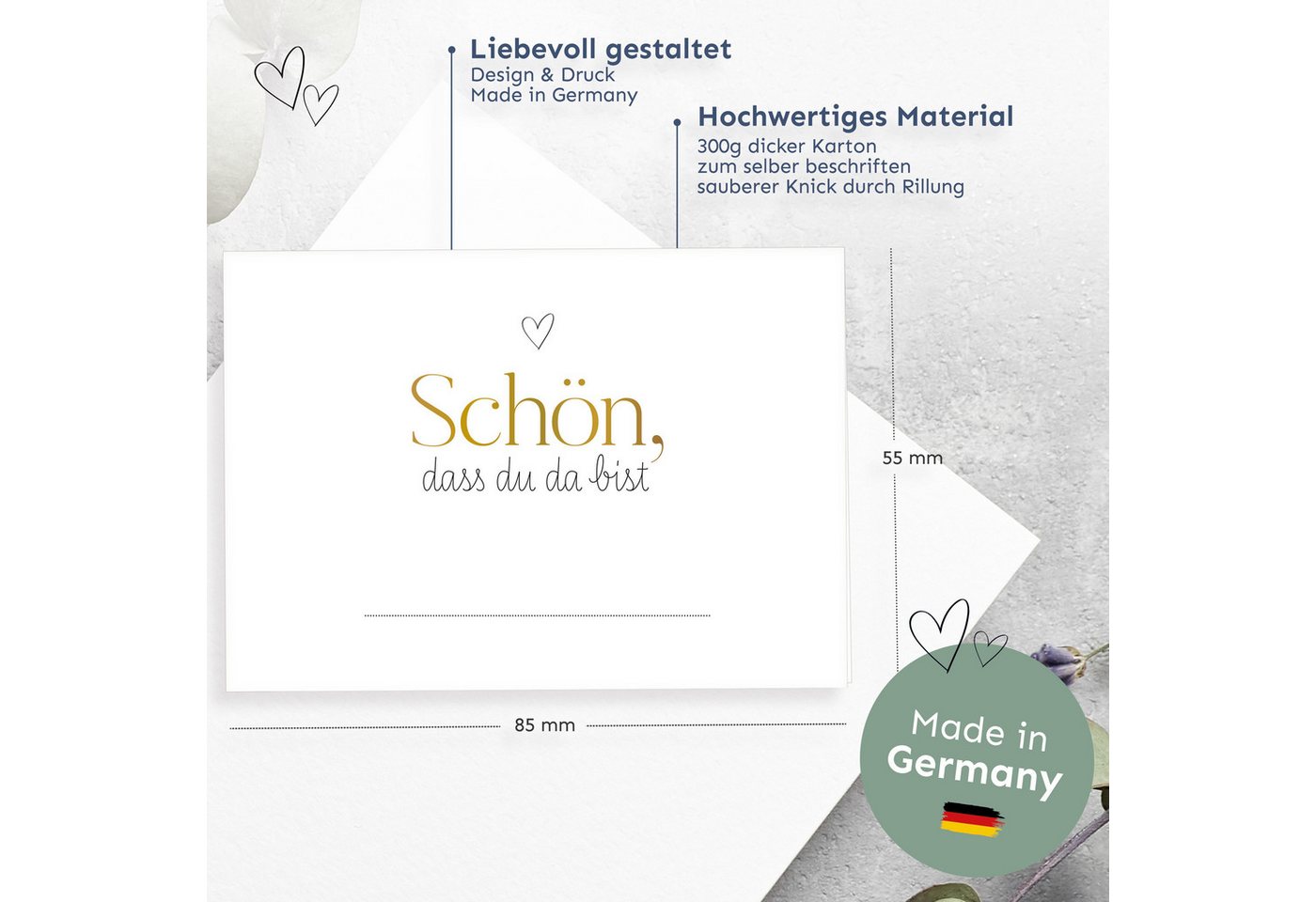 white & ivory Papierdekoration Platzkarte herz gold "schön, dass du da bist", 50 Stück, Tischkarten Bild 5