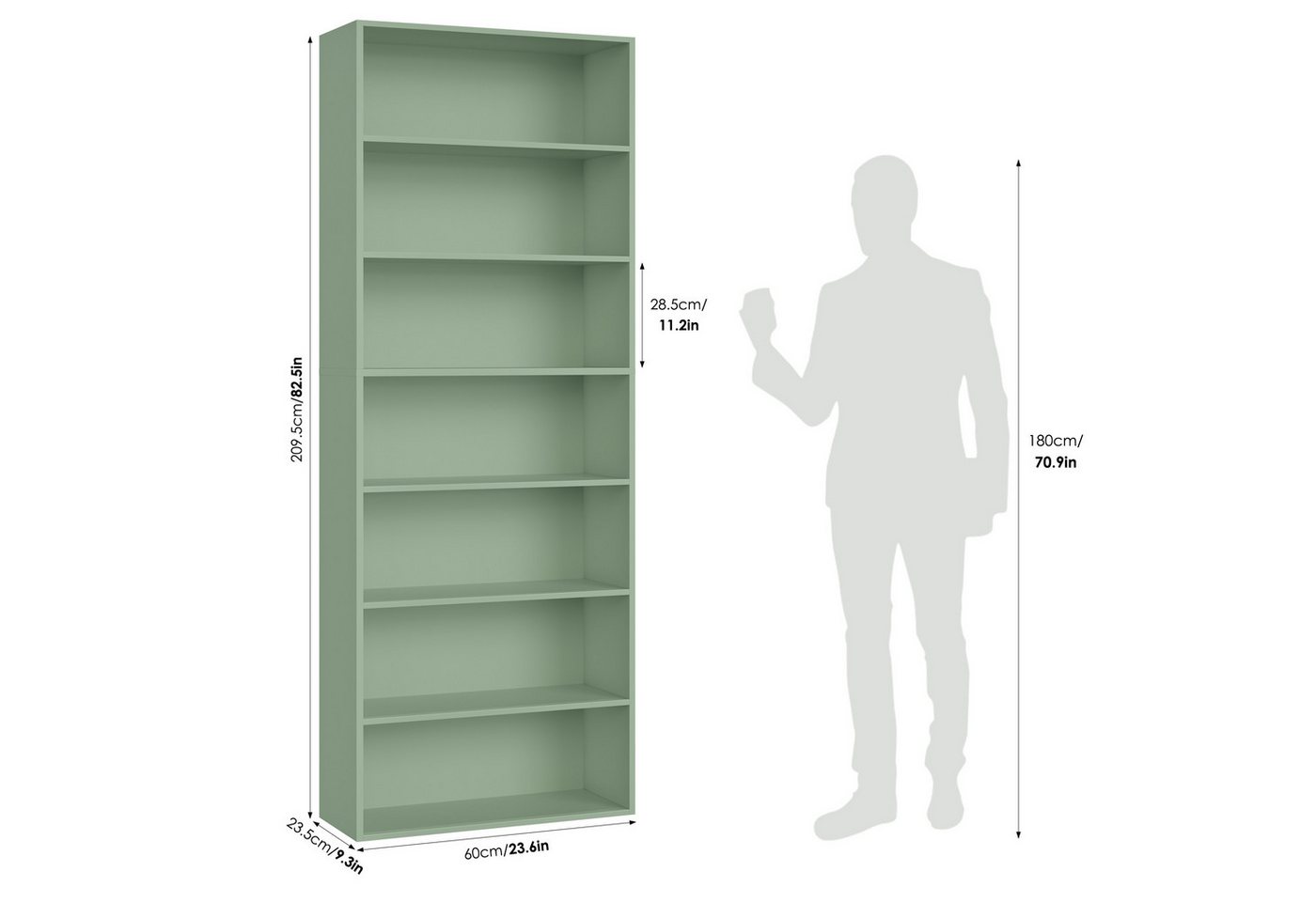 Homfa Bücherregal, 210cm Standregal, Bücherschrank mit 7 Fächern, grün Bild 2