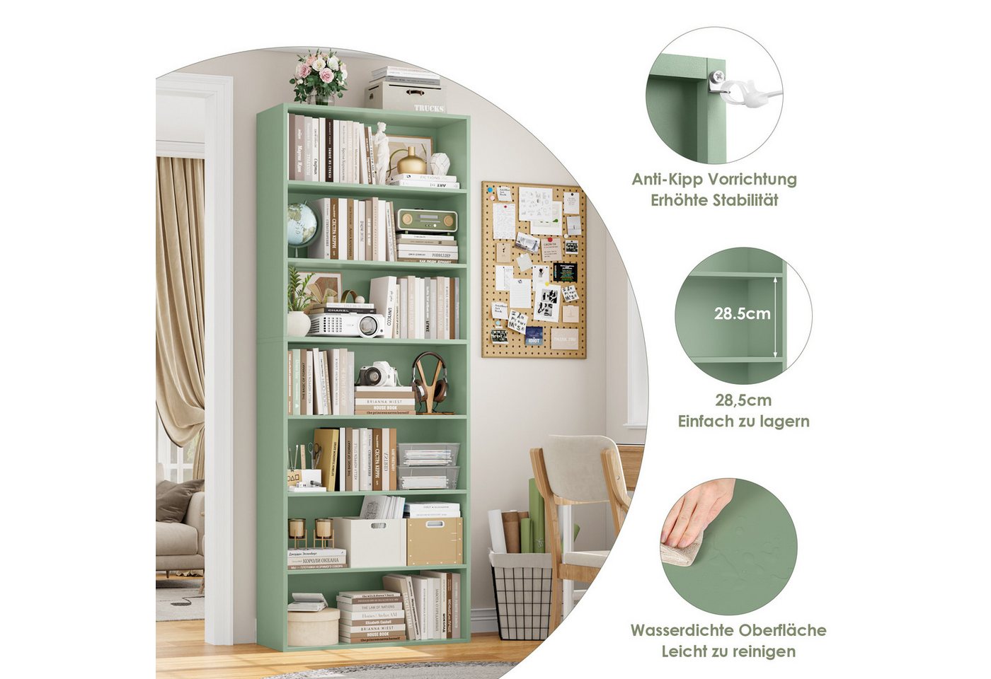 Homfa Bücherregal, 210cm Standregal, Bücherschrank mit 7 Fächern, grün Bild 4