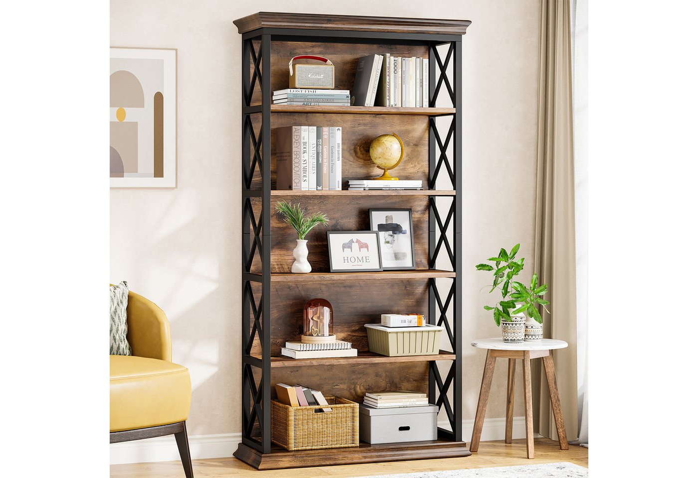 Tribesigns Bücherregal 180cm Standregal, 6-stöckiges regal Holz, offenes Ausstellungsregal, 6-stöckiges Bücherregal Holz mit Metallrahmen für Wohnzimmer, Heimbüro Bild 2