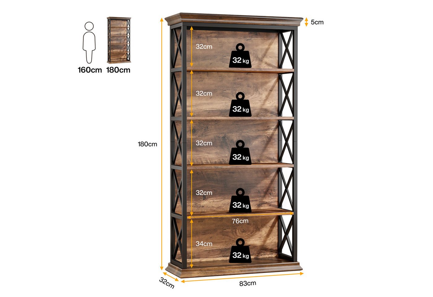Tribesigns Bücherregal 180cm Standregal, 6-stöckiges regal Holz, offenes Ausstellungsregal, 6-stöckiges Bücherregal Holz mit Metallrahmen für Wohnzimmer, Heimbüro Bild 3
