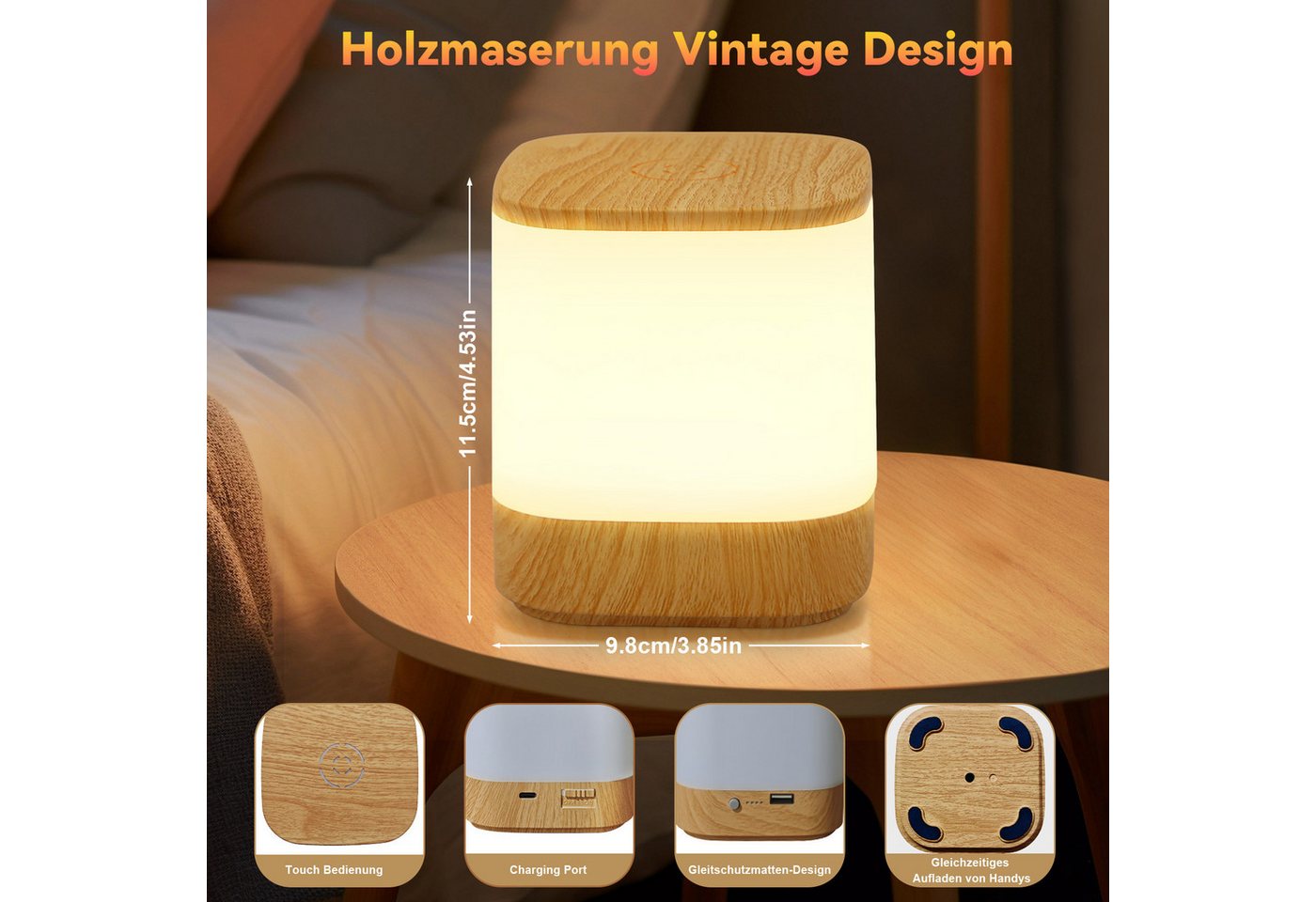ZMH LED Tischleuchte mit 3 Farbtemperatur Nachttischlampe Akku 3600mAH USB Aufladbar Flur, Augenschutz, Einfache Installtion, LED fest integriert, 3000-6500K, mit 3 Farbtemperatur&Timing Funktion Nachttischlampe für Schlafzimmer
