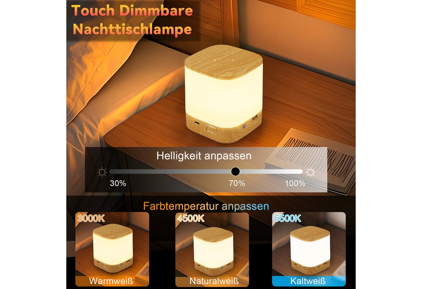 ZMH LED Tischleuchte mit 3 Farbtemperatur Nachttischlampe Akku 3600mAH USB Aufladbar Flur, Augenschutz, Einfache Installtion, LED fest integriert, 3000-6500K, mit 3 Farbtemperatur&Timing Funktion Nachttischlampe für Schlafzimmer Bild 2