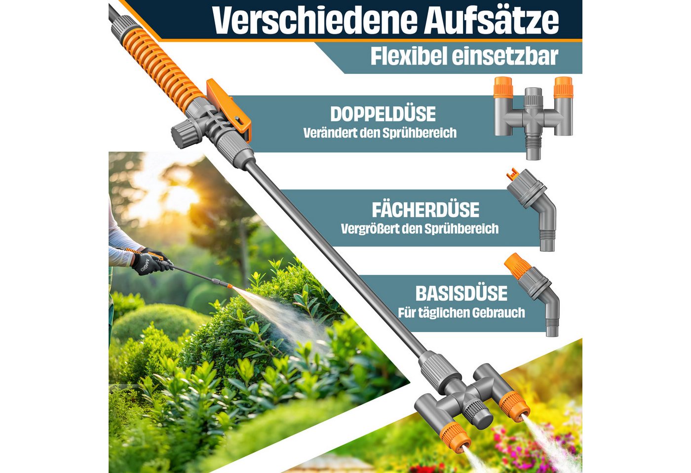 MASKO Drucksprühgerät Drucksprüher säurebeständiges Sprühgerät 5L Füllinhalt Gartenspritze, (Pumpsprühflasche mit verstellbaren Düsen, Schlauch, Gurt & Handschuhe), Reinigungsspritze für Pflanzenschutz, Gartenarbeit & Autopflege