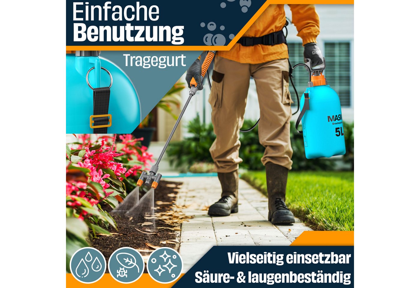 MASKO Drucksprühgerät Drucksprüher säurebeständiges Sprühgerät 5L Füllinhalt Gartenspritze, (Pumpsprühflasche mit verstellbaren Düsen, Schlauch, Gurt & Handschuhe), Reinigungsspritze für Pflanzenschutz, Gartenarbeit & Autopflege Bild 2