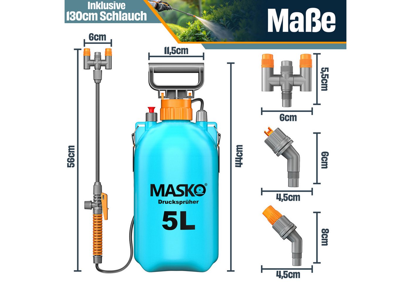 MASKO Drucksprühgerät Drucksprüher säurebeständiges Sprühgerät 5L Füllinhalt Gartenspritze, (Pumpsprühflasche mit verstellbaren Düsen, Schlauch, Gurt & Handschuhe), Reinigungsspritze für Pflanzenschutz, Gartenarbeit & Autopflege Bild 4