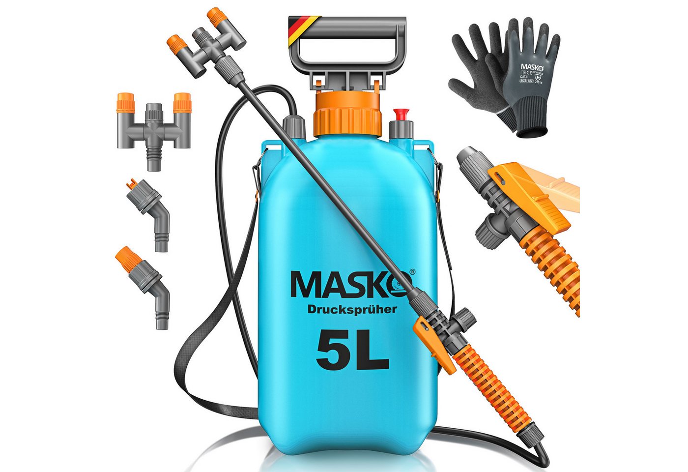MASKO Drucksprühgerät Drucksprüher säurebeständiges Sprühgerät 5L Füllinhalt Gartenspritze, (Pumpsprühflasche mit verstellbaren Düsen, Schlauch, Gurt & Handschuhe), Reinigungsspritze für Pflanzenschutz, Gartenarbeit & Autopflege Bild 5