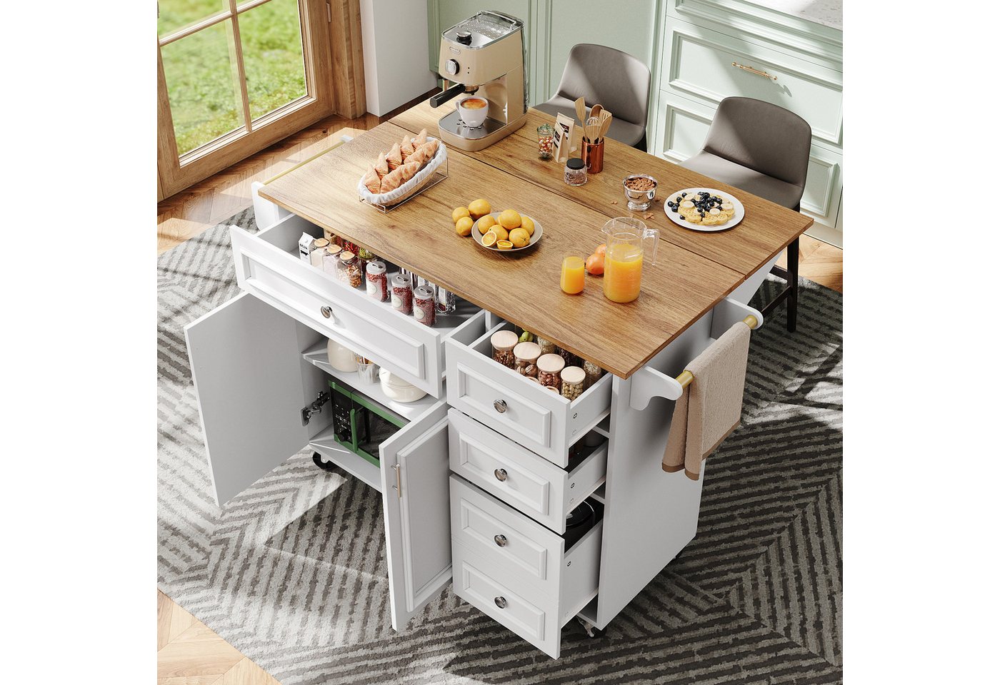 Celya Küchenwagen Kücheninsel(110×45-75×92cm), Buffetschrank mit klappbare Tischplatte, (Küchensiland, Küchenschrank, Abnehmbare Servierwagen buffetschrank, Multifunktionale Esstisch mit Speicherraum), Servierwagen mit 5 Schubladen und 2 Türen