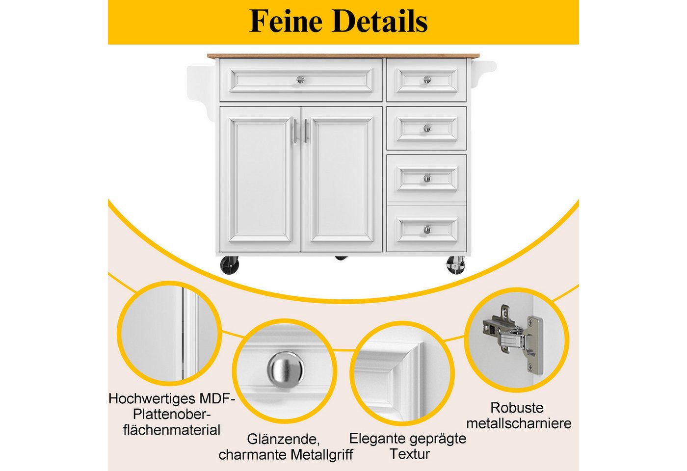 Celya Küchenwagen Kücheninsel(110×45-75×92cm), Buffetschrank mit klappbare Tischplatte, (Küchensiland, Küchenschrank, Abnehmbare Servierwagen buffetschrank, Multifunktionale Esstisch mit Speicherraum), Servierwagen mit 5 Schubladen und 2 Türen Bild 2