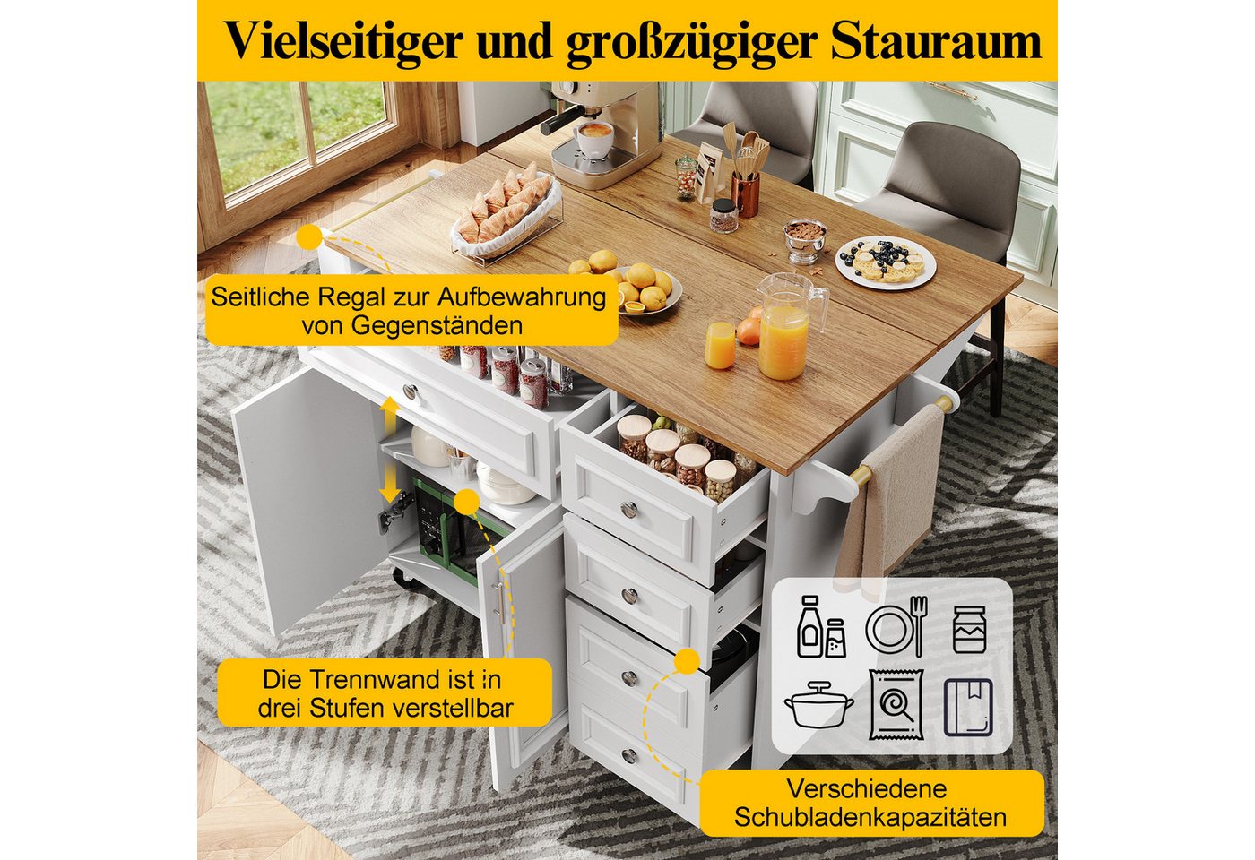 Celya Küchenwagen Kücheninsel(110×45-75×92cm), Buffetschrank mit klappbare Tischplatte, (Küchensiland, Küchenschrank, Abnehmbare Servierwagen buffetschrank, Multifunktionale Esstisch mit Speicherraum), Servierwagen mit 5 Schubladen und 2 Türen Bild 3
