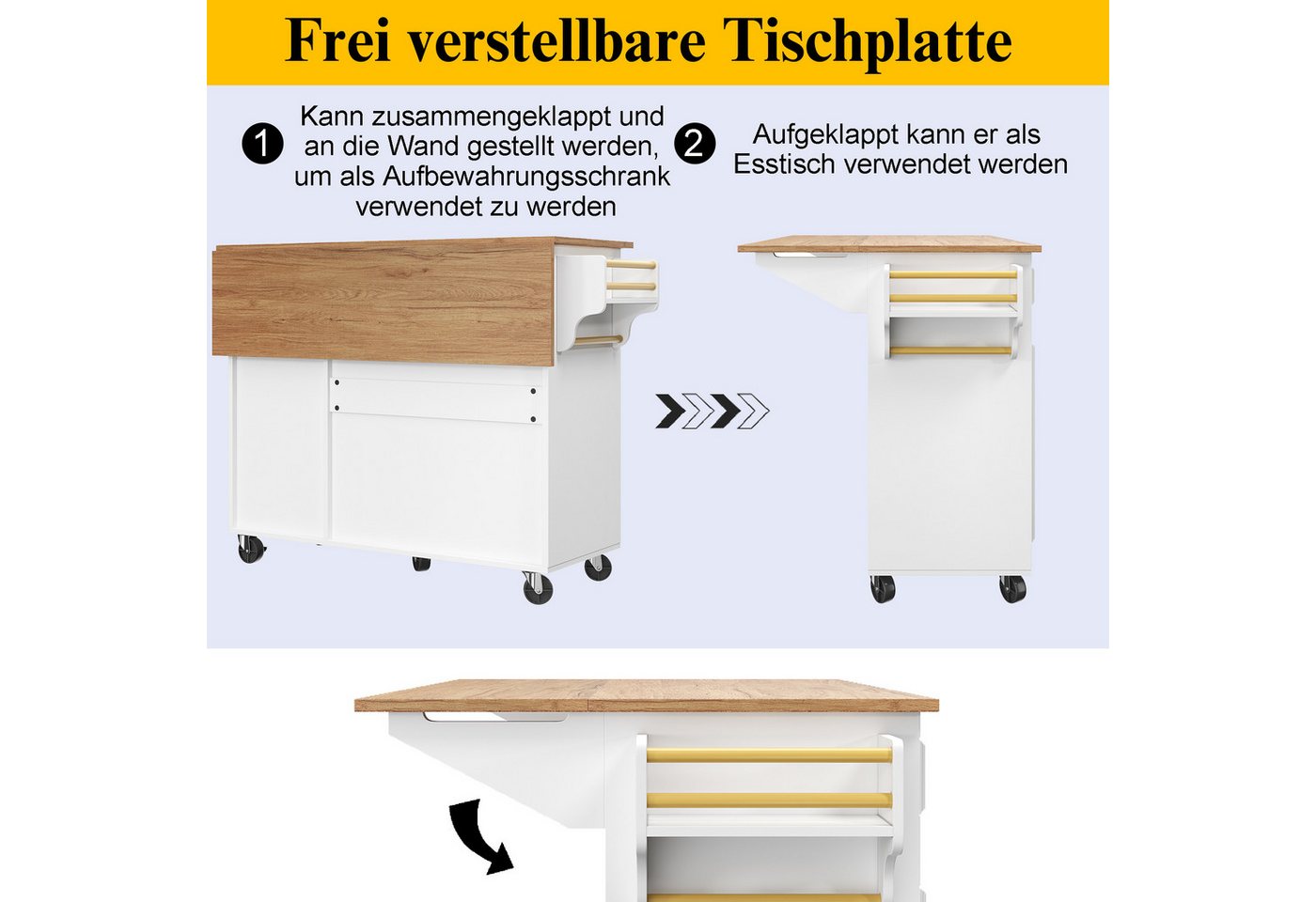 Celya Küchenwagen Kücheninsel(110×45-75×92cm), Buffetschrank mit klappbare Tischplatte, (Küchensiland, Küchenschrank, Abnehmbare Servierwagen buffetschrank, Multifunktionale Esstisch mit Speicherraum), Servierwagen mit 5 Schubladen und 2 Türen Bild 4