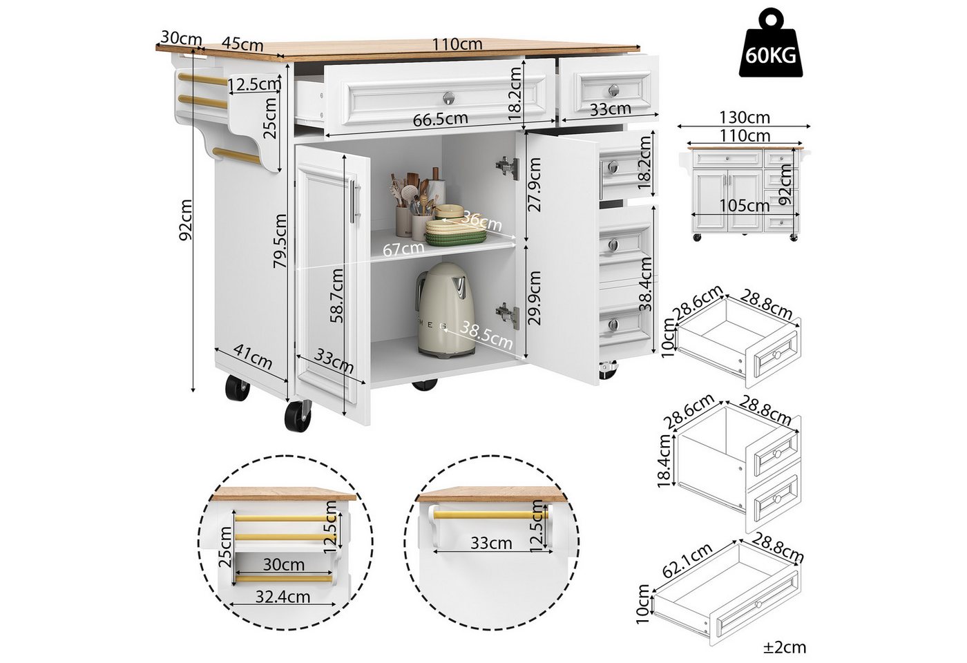 Celya Küchenwagen Kücheninsel(110×45-75×92cm), Buffetschrank mit klappbare Tischplatte, (Küchensiland, Küchenschrank, Abnehmbare Servierwagen buffetschrank, Multifunktionale Esstisch mit Speicherraum), Servierwagen mit 5 Schubladen und 2 Türen Bild 5