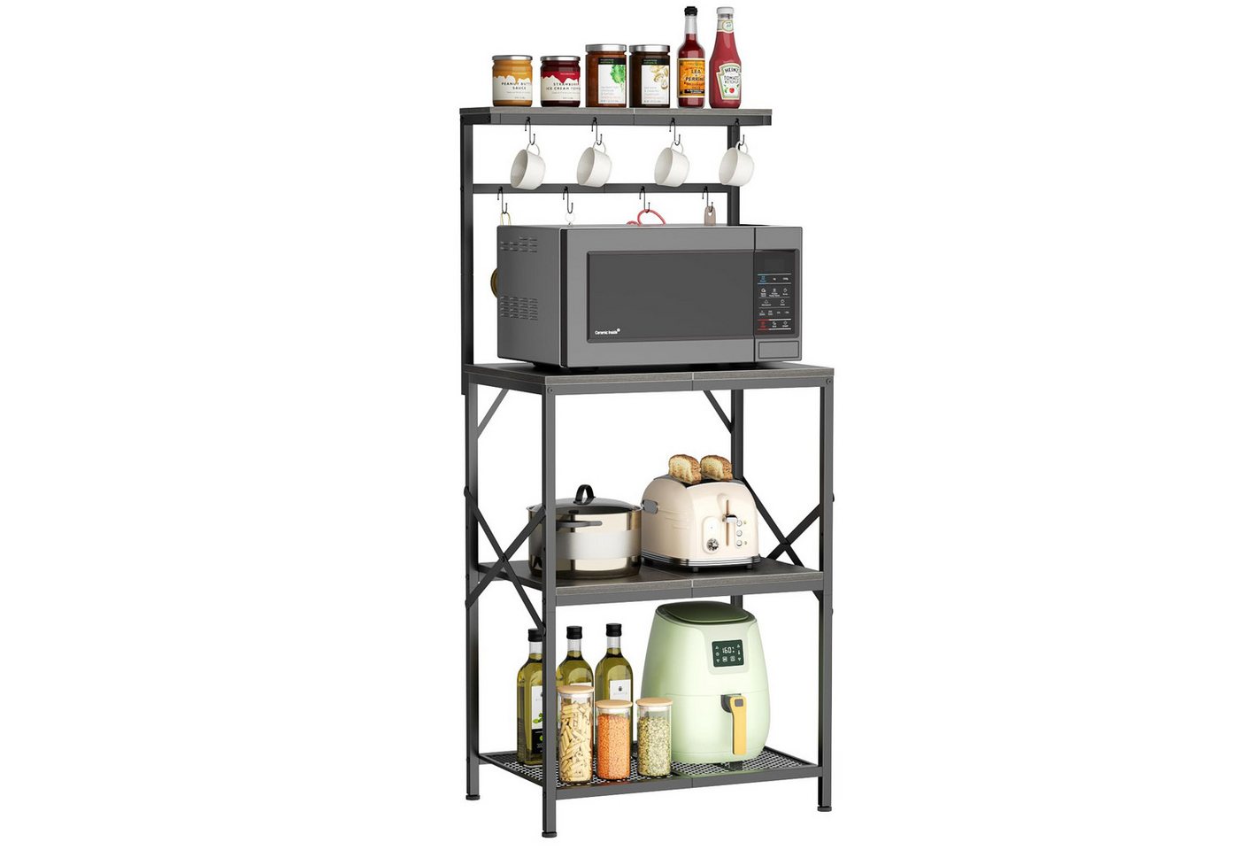 BBWL Standregal für Mikrowelle und Küche mit Anti-Kipp-Schutz, Metallrahmen, 53 x 36 x 125,5 cm, verstellbare Füße,S-Haken und Metallgitter, vielseitige Aufbewahrung