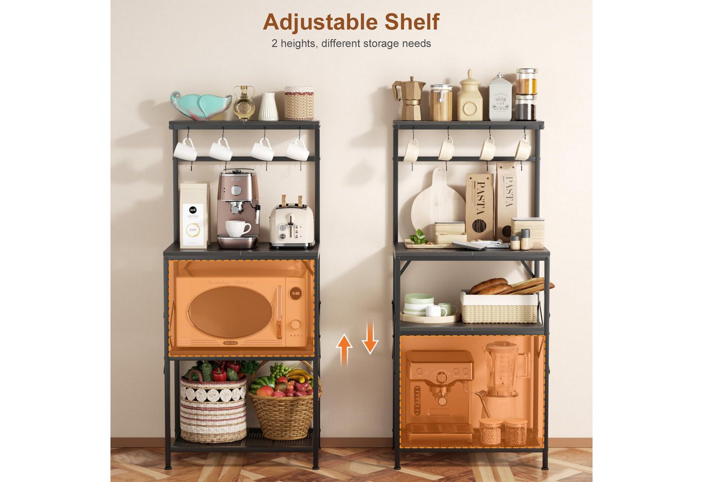 BBWL Standregal für Mikrowelle und Küche mit Anti-Kipp-Schutz, Metallrahmen, 53 x 36 x 125,5 cm, verstellbare Füße,S-Haken und Metallgitter, vielseitige Aufbewahrung Bild 2