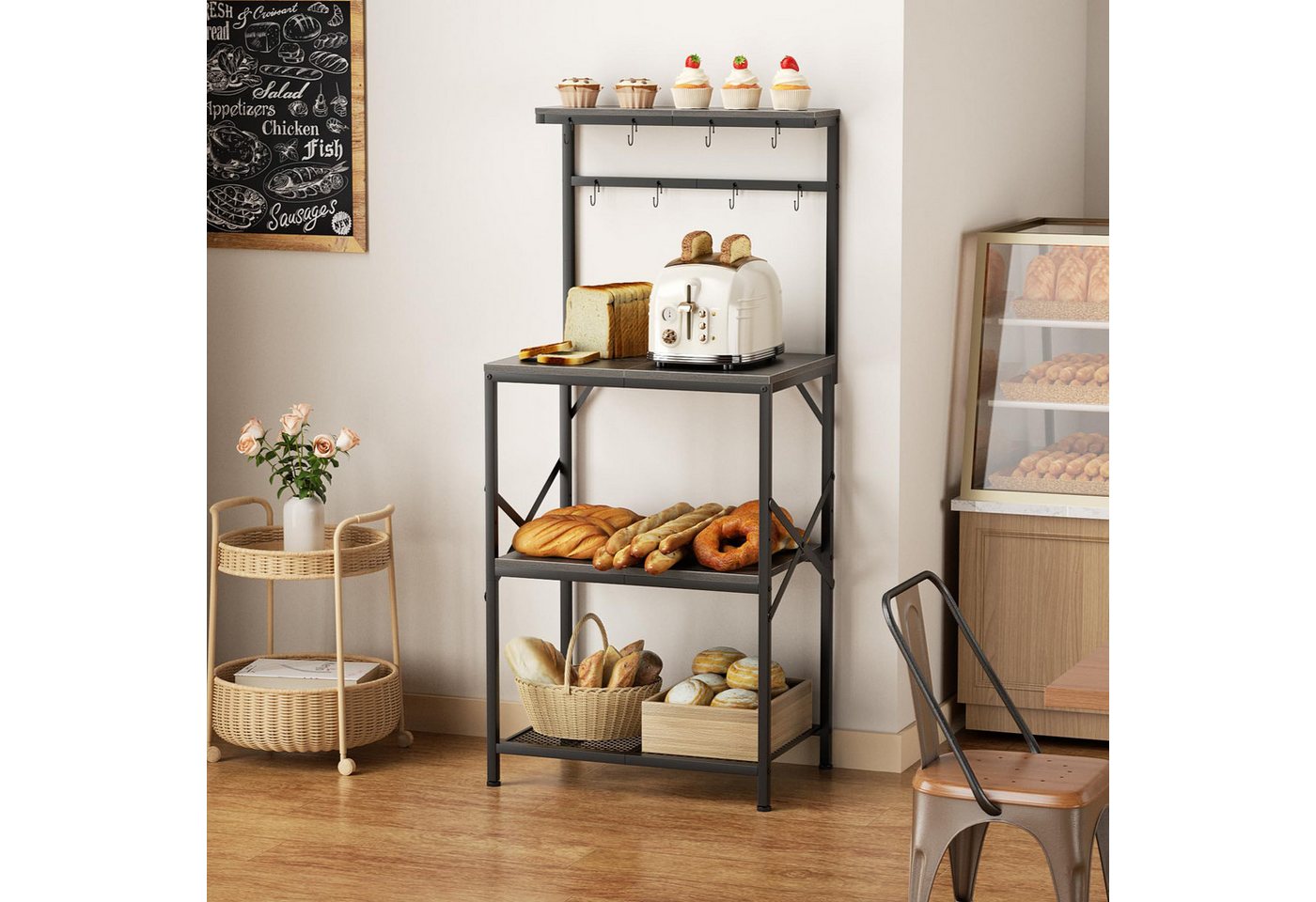 BBWL Standregal für Mikrowelle und Küche mit Anti-Kipp-Schutz, Metallrahmen, 53 x 36 x 125,5 cm, verstellbare Füße,S-Haken und Metallgitter, vielseitige Aufbewahrung Bild 4