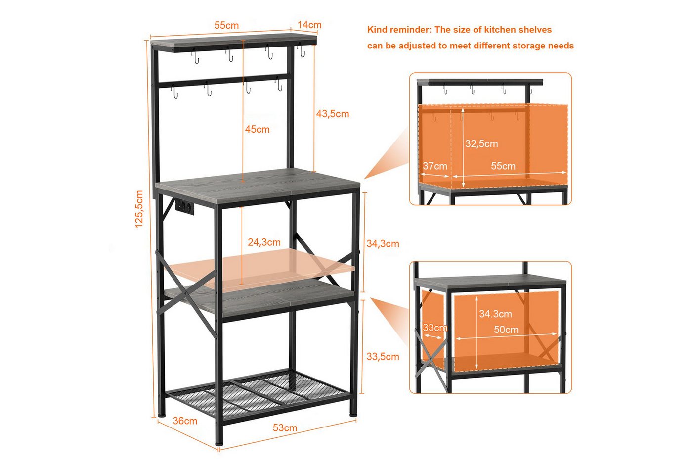 BBWL Standregal für Mikrowelle und Küche mit Anti-Kipp-Schutz, Metallrahmen, 53 x 36 x 125,5 cm, verstellbare Füße,S-Haken und Metallgitter, vielseitige Aufbewahrung Bild 5