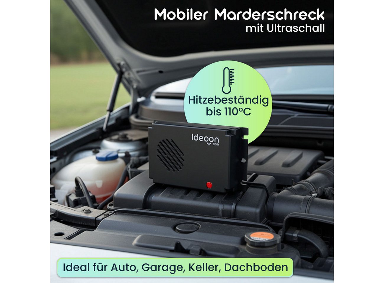 shop'n smile ideoon Ultraschall-Tierabwehr Marderschreck Auto Ultraschall – Batteriebetrieben & Hitzebeständig, 2-tlg., Marder-Vertreiber: Wirkungsbereich für ca. 40 m²