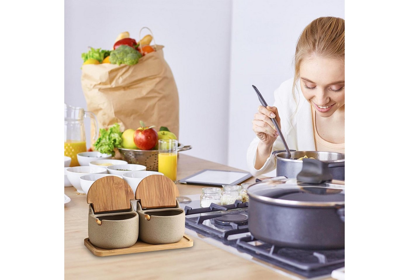 FELIXLEO Chilimühle 2er-Set Keramik Salzdosen mit Holzlöffel für Küche und Camping, (1 Stück) Bild 4
