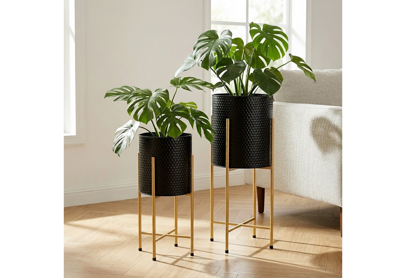 relaxdays Blumenständer Metall Blumenständer 2er Set, Schwarz-Gold Bild 2