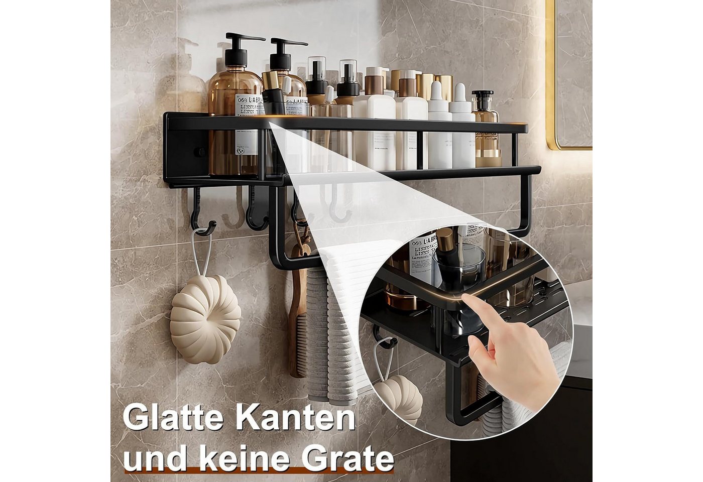 wohnTRAUM24 Duschregal Duschablage ohne Bohren-2 Stück Duschkorb mit Handtuchhalter,4 Haken, Duschhalterung Badregal Duschgel Badezimmer Regal selbstklebendes, Shampoo Halterung für Badezimmer Organizer