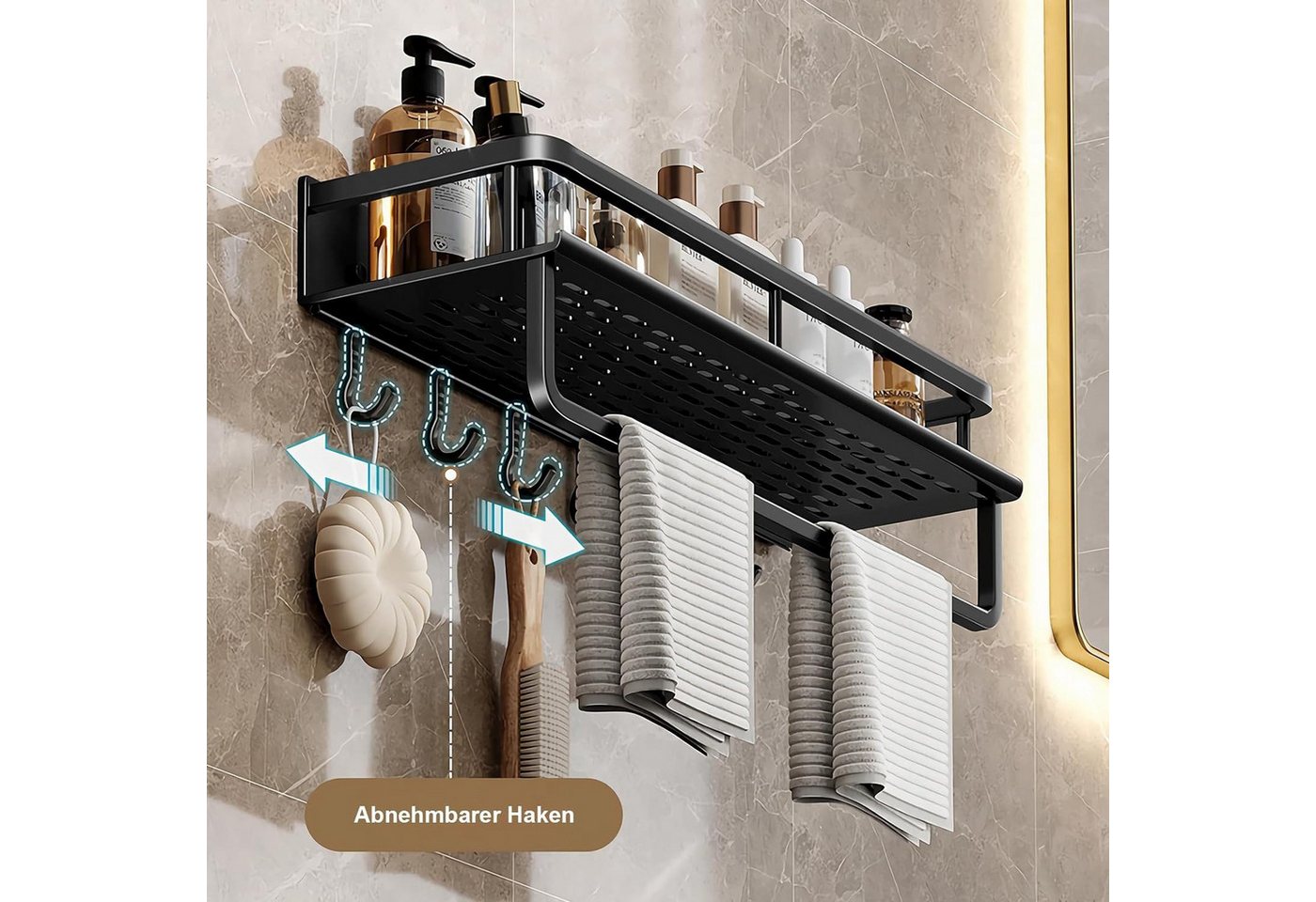 wohnTRAUM24 Duschregal Duschablage ohne Bohren-2 Stück Duschkorb mit Handtuchhalter,4 Haken, Duschhalterung Badregal Duschgel Badezimmer Regal selbstklebendes, Shampoo Halterung für Badezimmer Organizer Bild 3