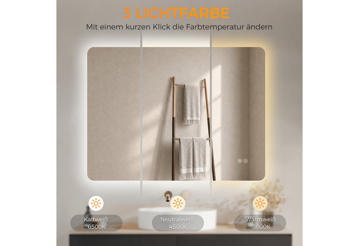 IMPTS Badspiegel LED Badezimmerspiegel Wandspiegel mit Beleuchtung Antibeschlag (Set, Speicherfunktion, Anti-Beschlag, Dimmbar, Touch-Schalter, Energiesparend), Badspiegel mit Beleuchtung Spiegel Bad Badezimmer Bild 2
