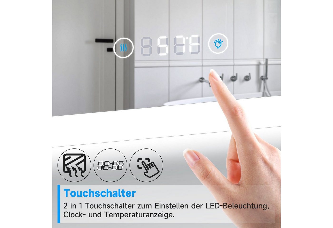 SONNI Badspiegel Badspiegel, Dimmbar, 120 x 60, mit Beleuchtung, LED, mit Anti-Beschlag-Funktion, Touch-Schalter