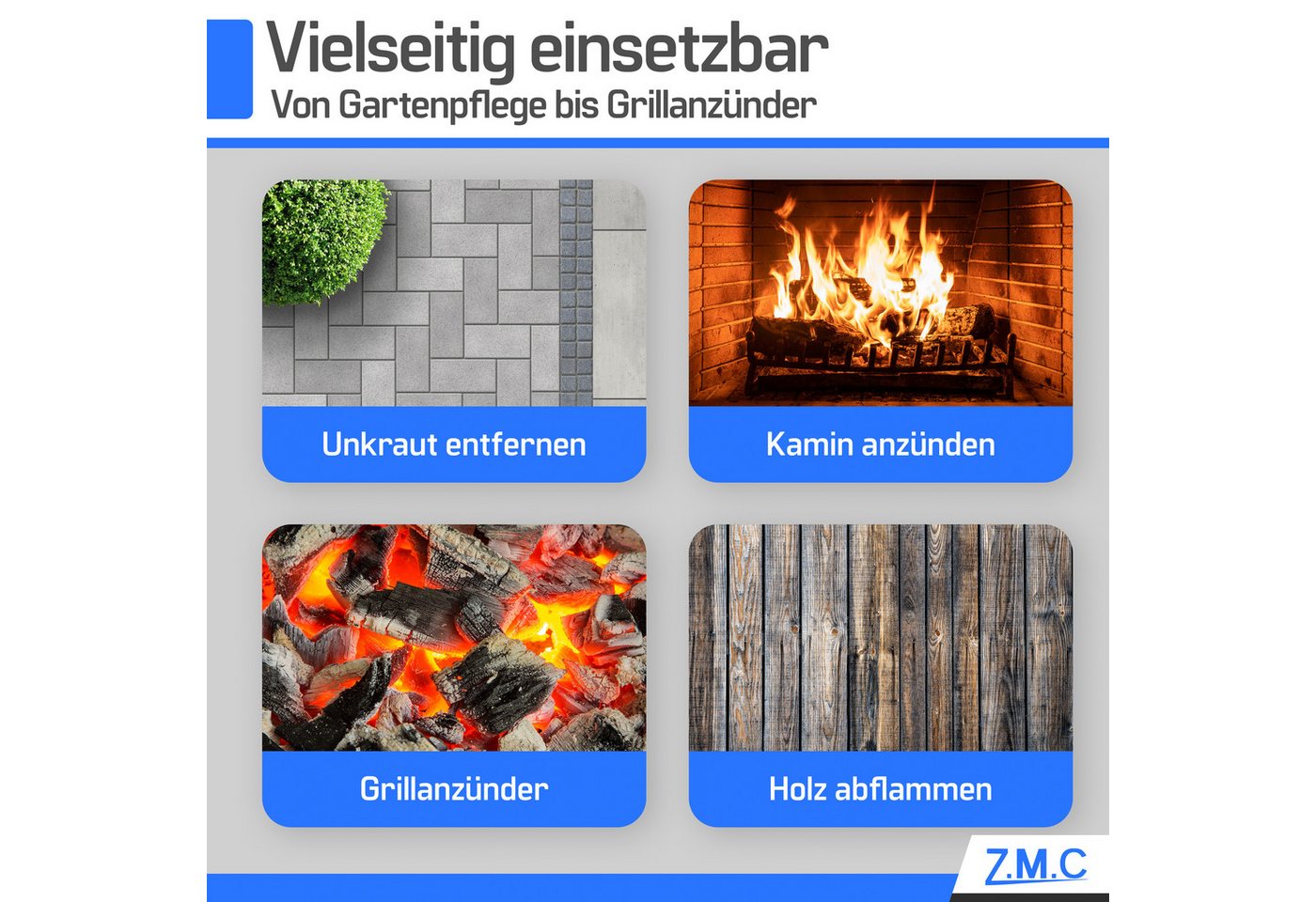 ZMC Flambierbrenner Grillanzünder Kohleanzünder Unkrautbrenner + 8x Gaskartuschen 227g, (Unkrautvernichter Unkrautreiniger Butan Brenner Abflammgerät Flammspritzpistole Gasbrenner Bunsenbrenner Lötlampe Lötbrenner), Temperatur bis zu 1300 ° C / Leistung: 2,5 kW, mit Piezo-Zündung Bild 3