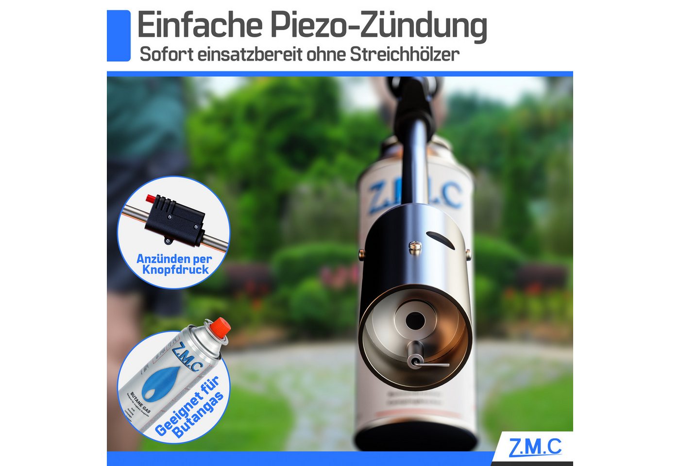 ZMC Flambierbrenner Grillanzünder Kohleanzünder Unkrautbrenner + 8x Gaskartuschen 227g, (Unkrautvernichter Unkrautreiniger Butan Brenner Abflammgerät Flammspritzpistole Gasbrenner Bunsenbrenner Lötlampe Lötbrenner), Temperatur bis zu 1300 ° C / Leistung: 2,5 kW, mit Piezo-Zündung Bild 4