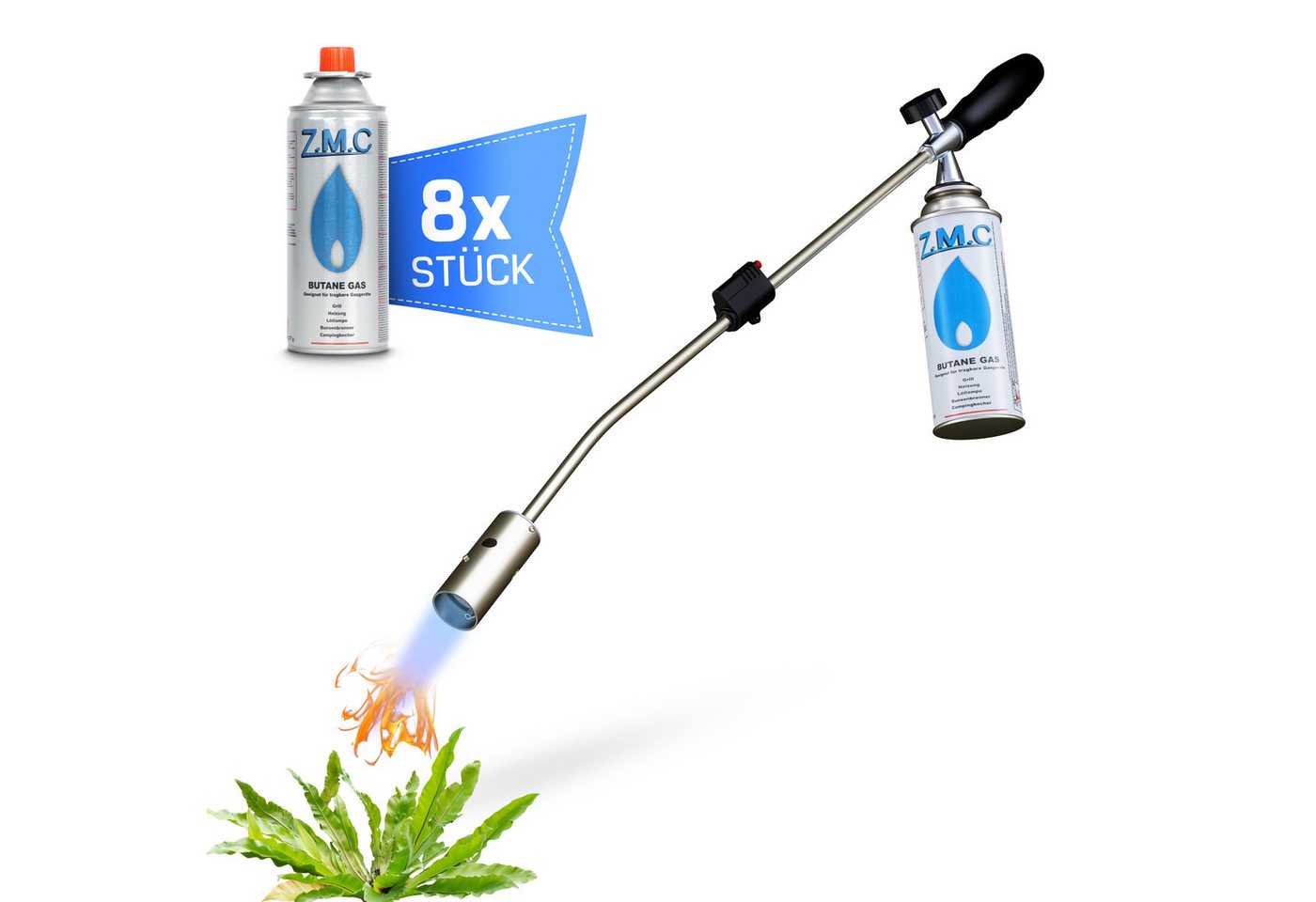 ZMC Flambierbrenner Grillanzünder Kohleanzünder Unkrautbrenner + 8x Gaskartuschen 227g, (Unkrautvernichter Unkrautreiniger Butan Brenner Abflammgerät Flammspritzpistole Gasbrenner Bunsenbrenner Lötlampe Lötbrenner), Temperatur bis zu 1300 ° C / Leistung: 2,5 kW, mit Piezo-Zündung Bild 5