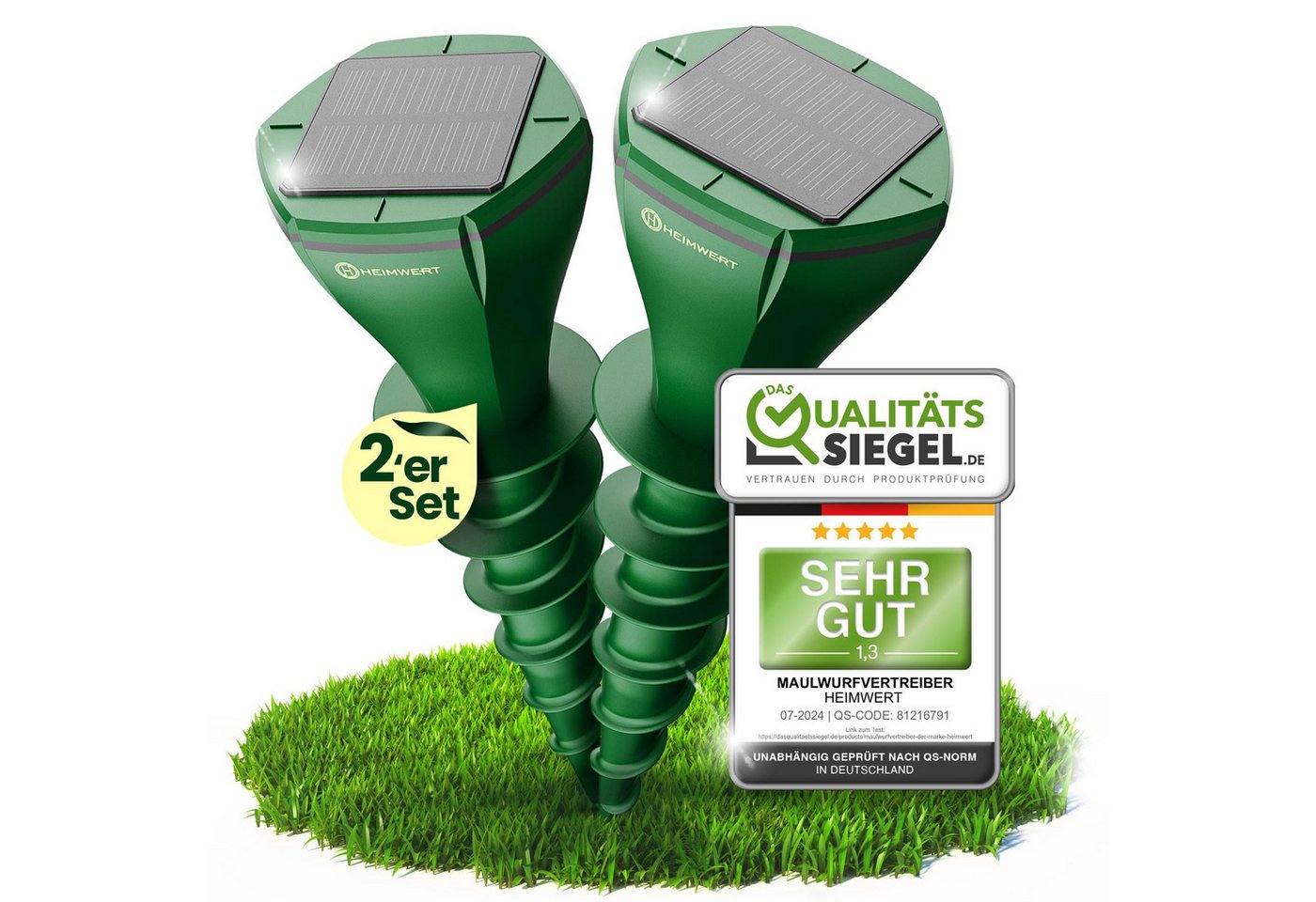 HEIMWERT Ultraschall-Tierabwehr HEIMWERT Maulwurf Vertreiber Wühlmausschreck 2er Pack, 2-tlg., hocheffizientes Erdschall System mit 3 Wechselfrequenzen