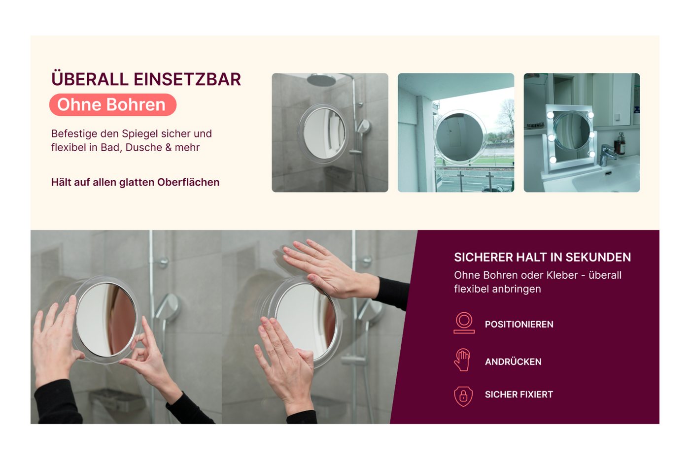 Fantasia Beauty Badspiegel Spiegel mit 3 Saugnäpfen, Kunststoff mit Silberring, 7-fach-Verg. (1-St), 7-fach Vergrösserung, 3 Saugnäpfe Bild 2