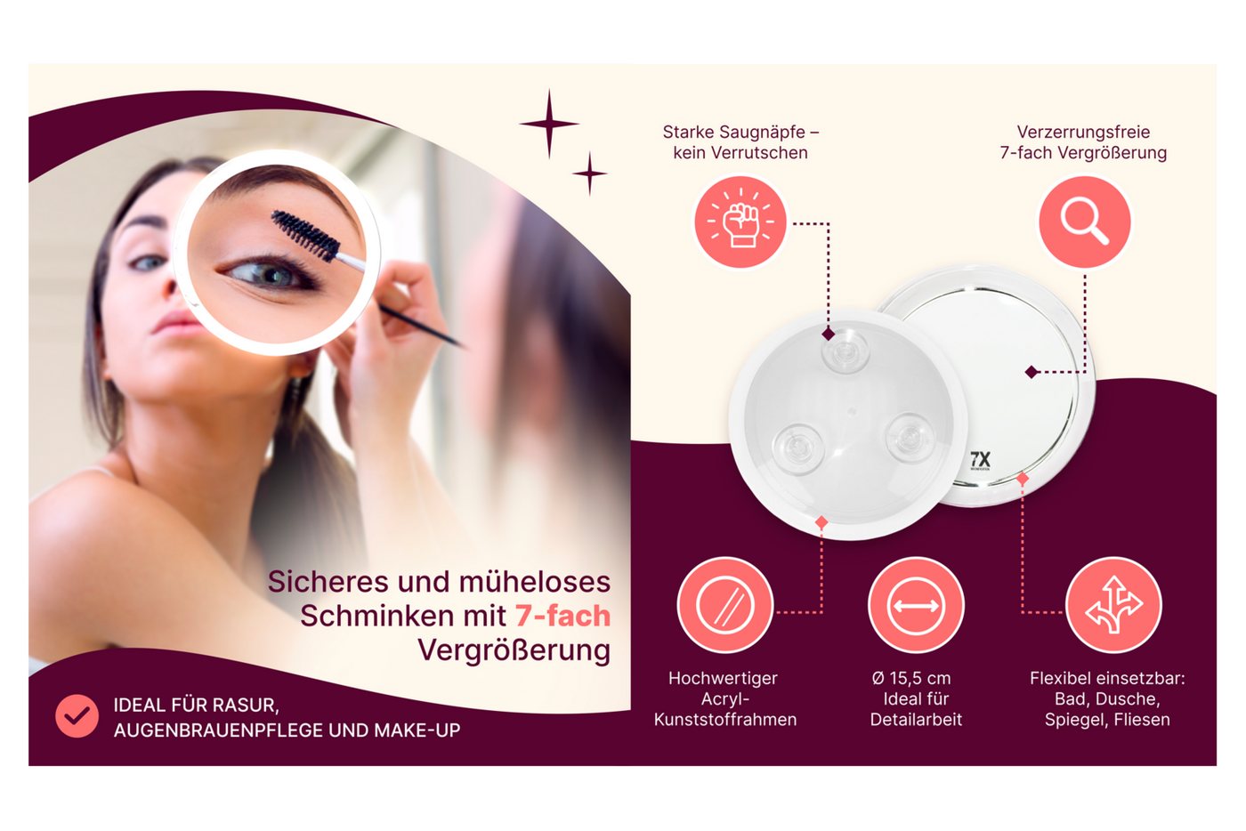 Fantasia Beauty Badspiegel Spiegel mit 3 Saugnäpfen, Kunststoff mit Silberring, 7-fach-Verg. (1-St), 7-fach Vergrösserung, 3 Saugnäpfe Bild 4