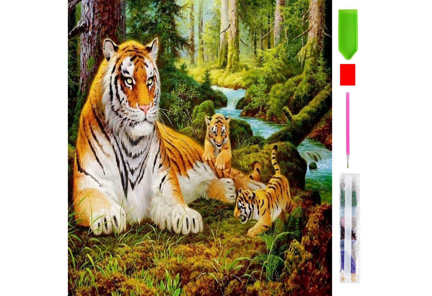 Realb2b Malen nach Zahlen 5d Diamond Painting Tiger Familie Malen nach Zahlen 30x40cm (Komplettset für 5D Diamond Painting inklusive Leinwand, Diamanten und Werkzeugen, Diamond Painting Set mit Zubehör für DIY-Kreativität und Entspannung), 30x40cm 5D Diamond Painting mit präziser Klebeschicht & Zubehör Bild 2