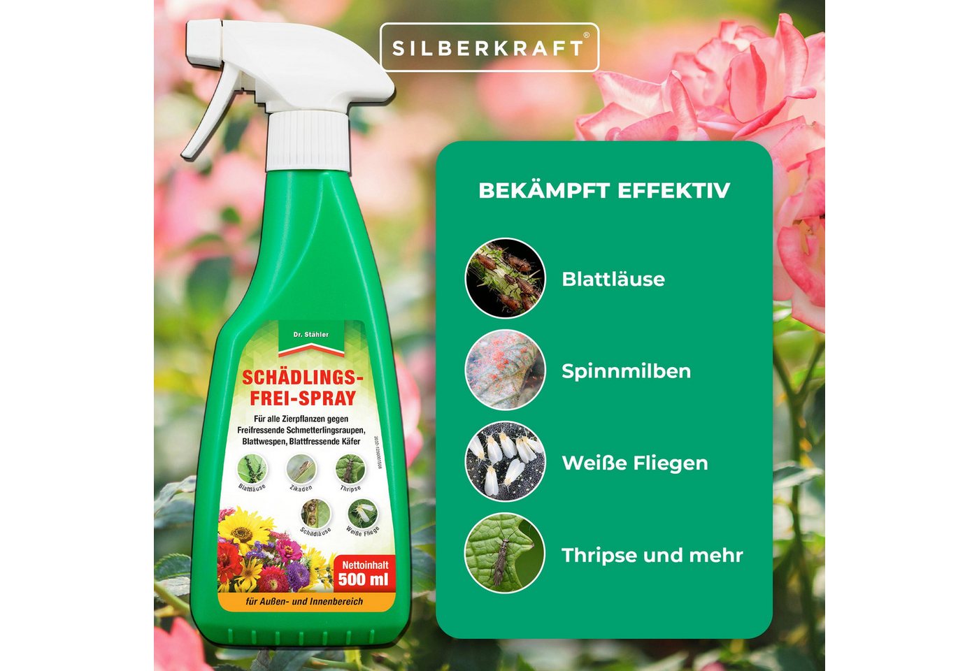 Dr. Stähler Insektenspray Schädlingsfrei-Spray - Effektives Pflanzenschutzmittel gegen Insekten, 500 ml, Effektiver Schutz Einfache Anwendung Ganzjähriger Einsatz Bienenfreundlich, 1-St., 500ml, mit Natur-Pyrethrum & Rapsöl, Vielseitiger Schutz für Zier- und Nutzpflanzen, Anwendungsfertig Bild 3