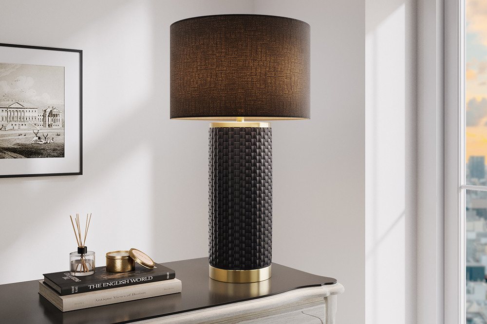 riess-ambiente Tischleuchte ELEGANCIA 70cm schwarz / gold – rundes Wohnaccessoire mit Keramikfuß, Ein-/Ausschalter, ohne Leuchtmittel, Modern Design mit schwarzem Stoffschirm, für Wohnzimmer & Schlafzimmer