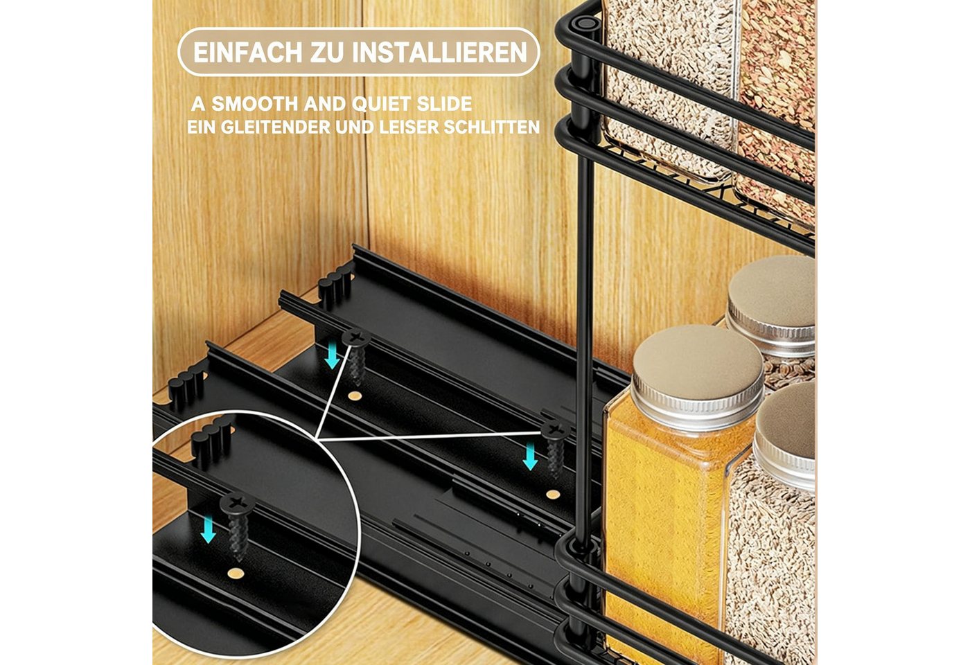 BlingBin Küchenregal Gewürzregal Ausziehbar, Küchen Organizer für Schrank und Arbeitsplatte, 2er Set 2-tlg., Aufbewahrungsregal 2 Etagen Gewürzregale für Küche Öl Zutaten Gläser Bild 3