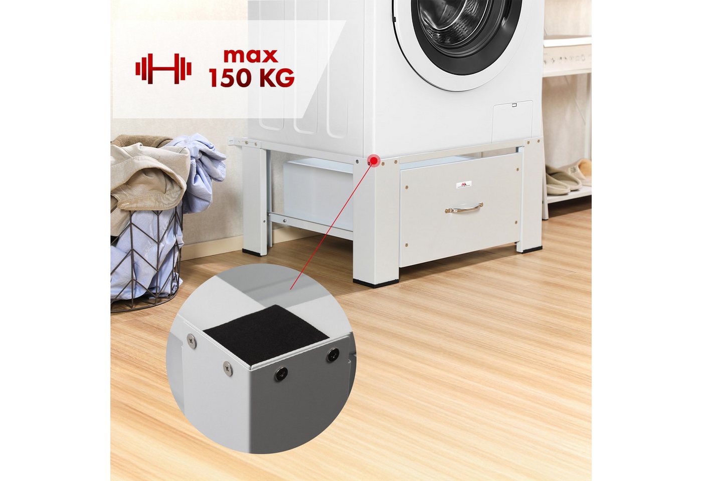 Maclean Waschmaschinenuntergestell MC-117 W Waschtrocknersockel mit Schublade, Sockel für Waschmaschine / Trockner max. Belastung 150kg Bild 5