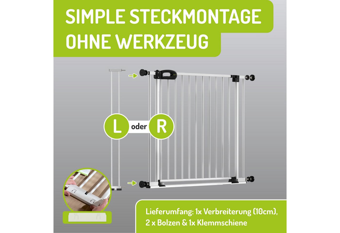 BOMI Verlängerung für Türschutzgitter Verbreiterung für Treppenschutzgitter Merle Flatstep 10-70 cm (verschiedene Größen, seitlich einsteckbar), Erweiterung für Kinderschutzgitter, 77 cm Höhe, stabile Montage Bild 4