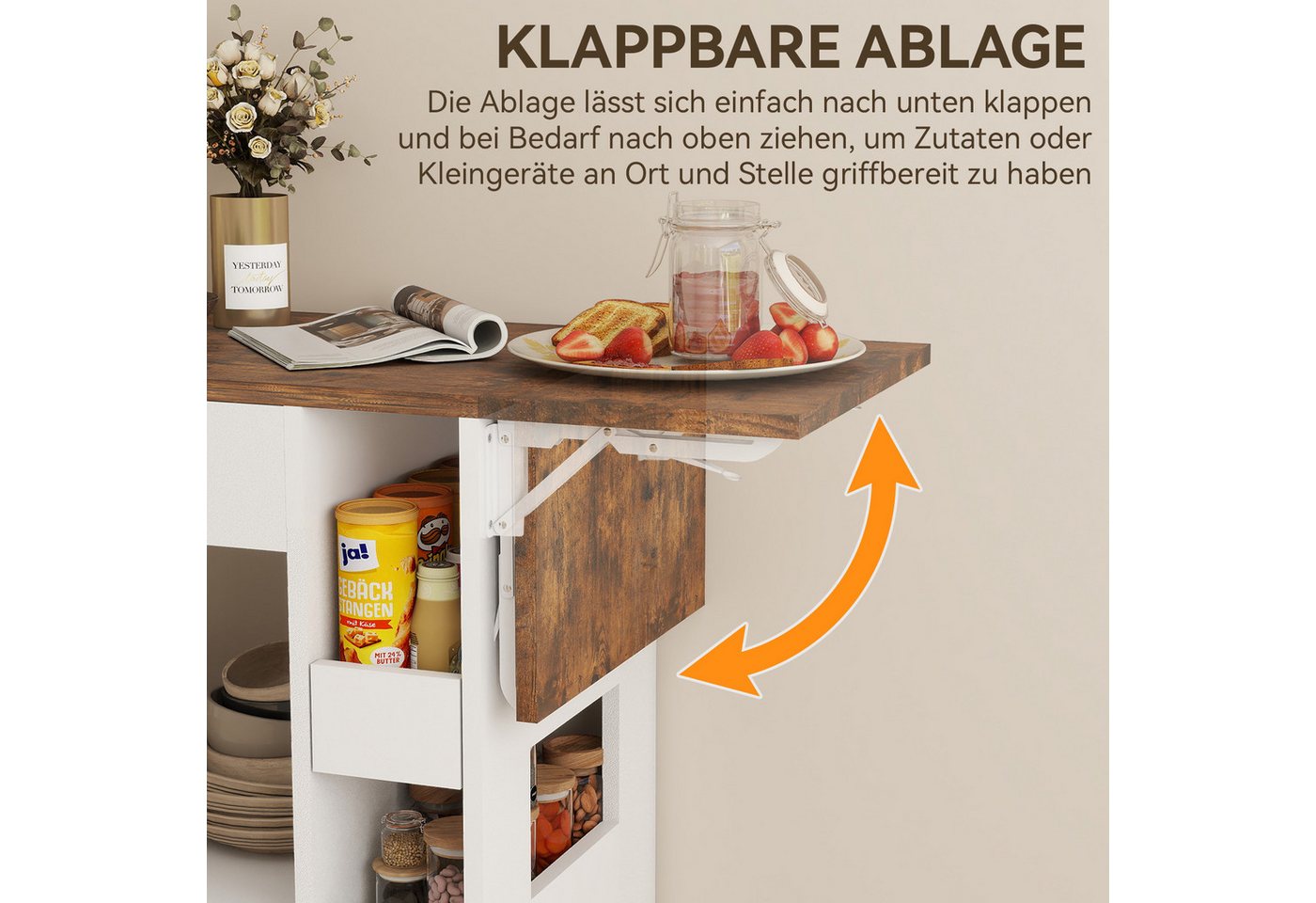 Puluomis Küchenwagen Servierwagen mit erweiterbare Arbeitsplatte, Handtuchhalter, 104x40x89, 360° Rollen mit Bremsen, Mobiler Wagen mit Gewürzregal Bild 3