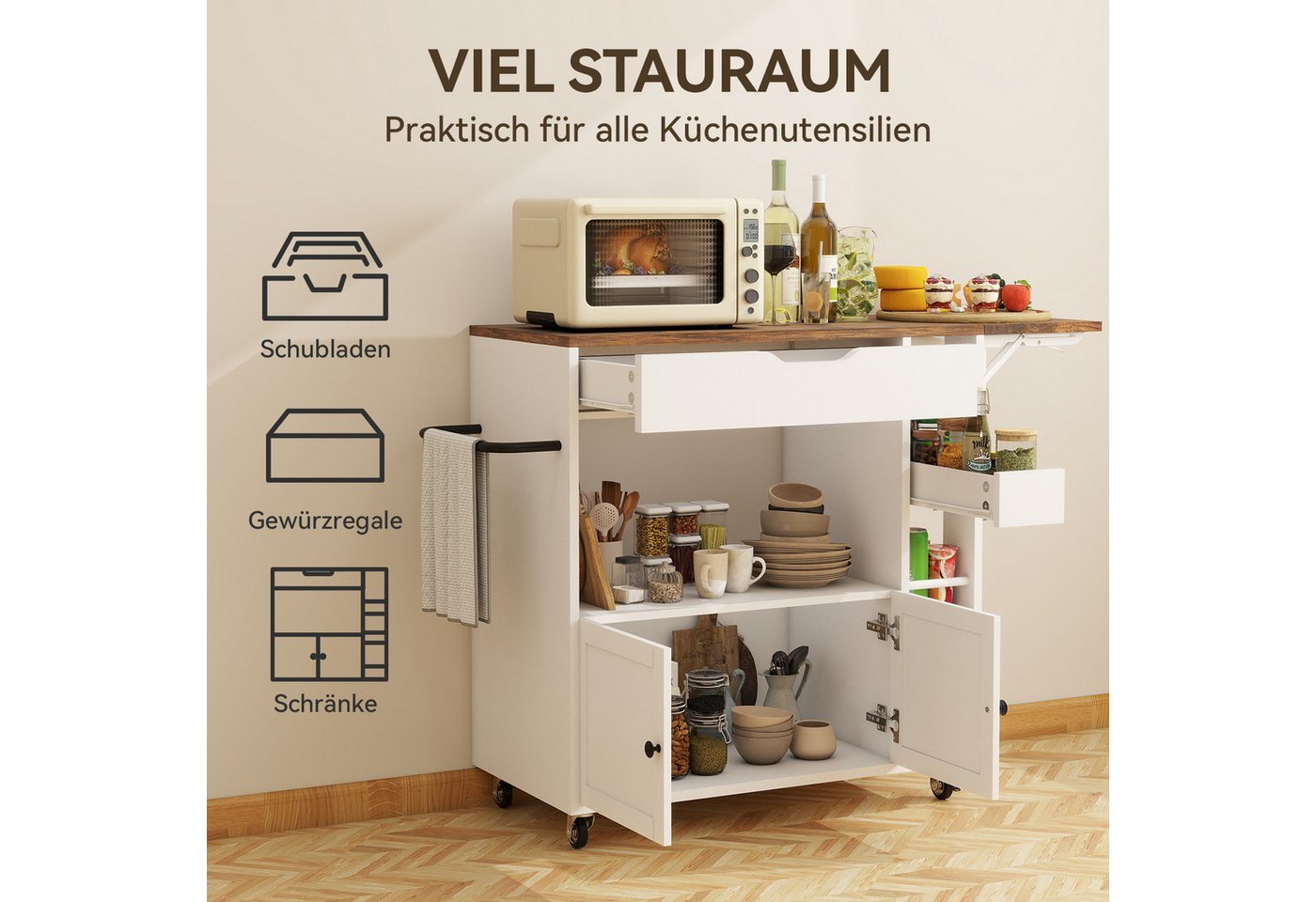 Puluomis Küchenwagen Servierwagen mit erweiterbare Arbeitsplatte, Handtuchhalter, 104x40x89, 360° Rollen mit Bremsen, Mobiler Wagen mit Gewürzregal Bild 4
