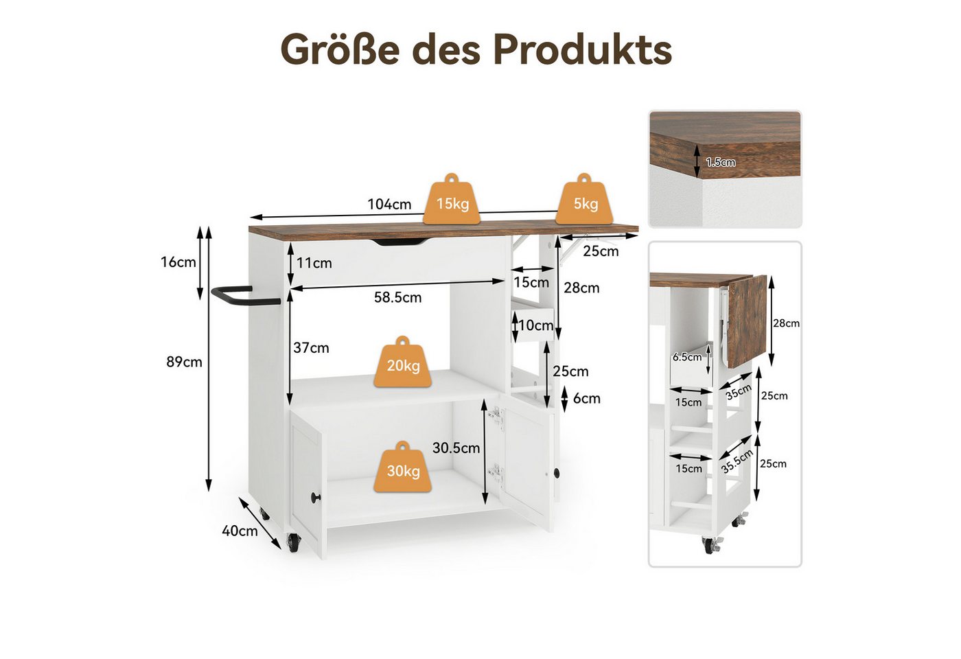 Puluomis Küchenwagen Servierwagen mit erweiterbare Arbeitsplatte, Handtuchhalter, 104x40x89, 360° Rollen mit Bremsen, Mobiler Wagen mit Gewürzregal Bild 5