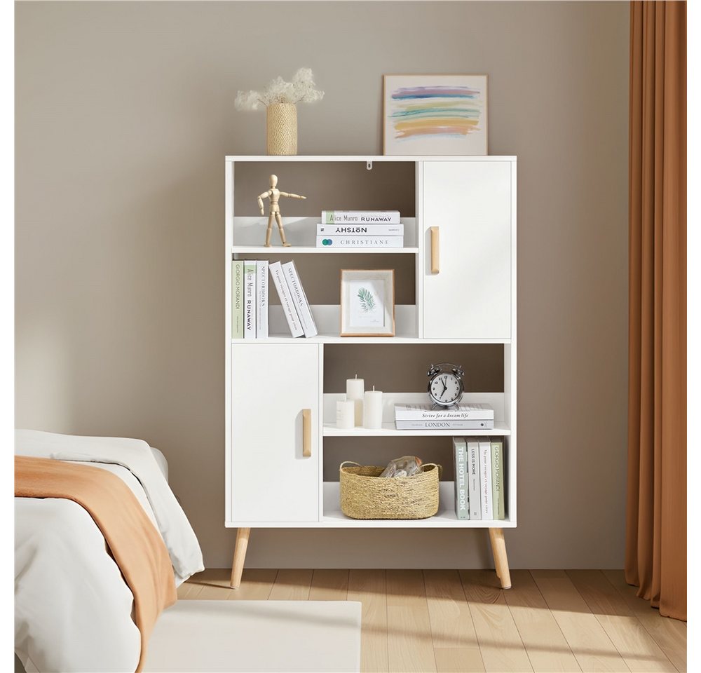 Yaheetech Bücherregal 4-Stufiges Standregal mit 2 Schrankfächern mit Türen, Modernes Offenes Standregal mit Holzfüßen