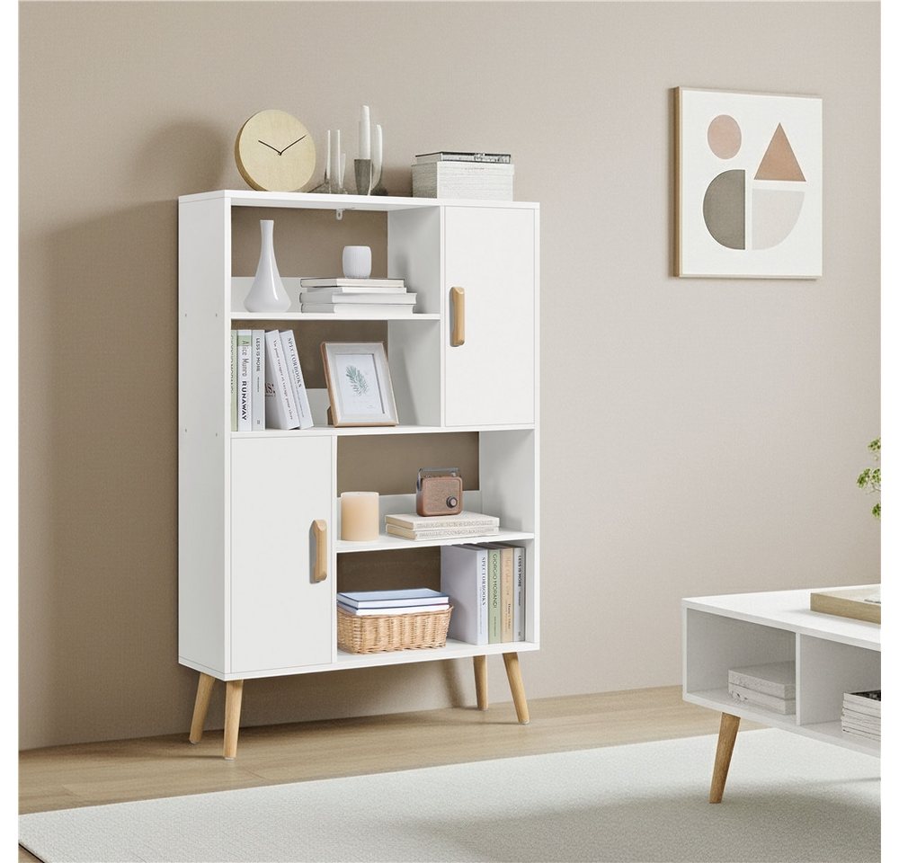 Yaheetech Bücherregal 4-Stufiges Standregal mit 2 Schrankfächern mit Türen, Modernes Offenes Standregal mit Holzfüßen Bild 2