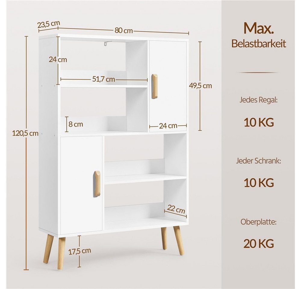 Yaheetech Bücherregal 4-Stufiges Standregal mit 2 Schrankfächern mit Türen, Modernes Offenes Standregal mit Holzfüßen Bild 3